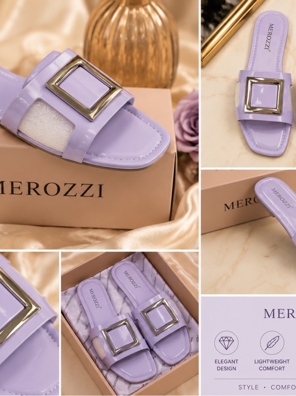 Lavender Patent Slide Sandals with Silver Buckle